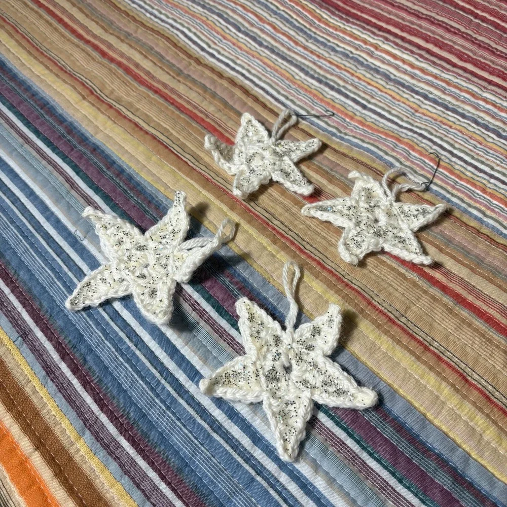 Handmade Crochet Christmas Ornaments Set of 8 Red Wreaths and Glitter Stars